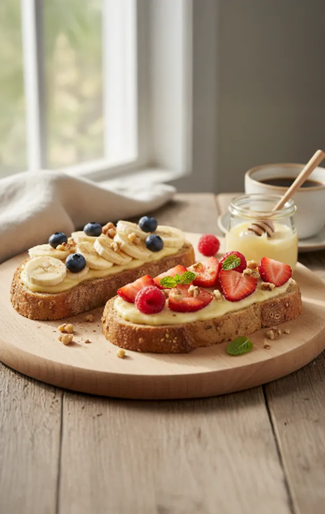 Tostadas Rústicas con Miel Cremada, Nueces y Fruta Fresca